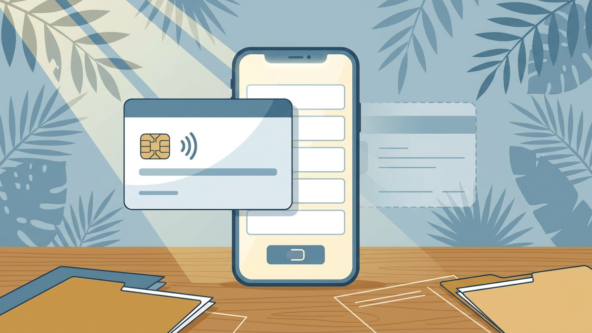 Flat illustration ti simple a plastic card nga addaan balitok a chip ken contactless symbol iti sango ti smartphone a mangipakita iti blanko a form, nga addaan iti daan ken kupas a card iti likudan ken dagiti folder iti kayo a lamisaan; awan ti text wenno logo.