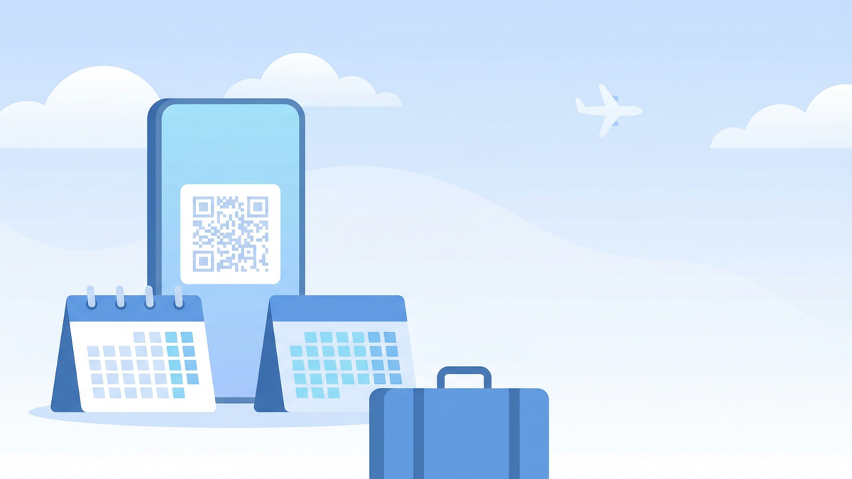 Flat illustration sang cellphone nga may QR code pass, duha ka pahina sang kalendaryo, isa ka maleta kag gamay nga eroplano sa langit; wala sang text ukon logo.